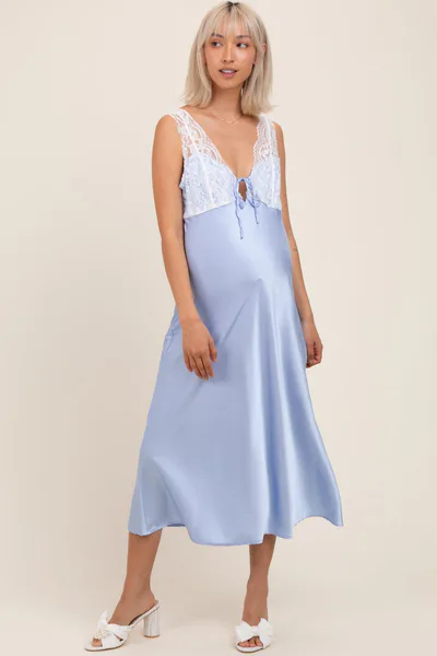 PinkBlush Light Blue Satin Lace Side Slit Maternity Slip Dress