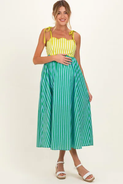 PinkBlush Kiwi Striped Colorblock Scallop Detail Maternity Midi Dress