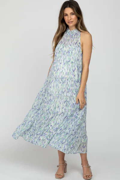 PinkBlush Blue Printed Sleeveless Tiered Maternity Midi Dress