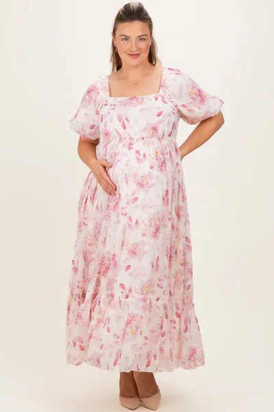 PinkBlush Red Floral Puff Sleeve Plus Maternity Maxi Dress