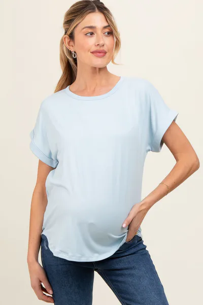 PinkBlush Light Blue Rolled Cuff Maternity Short Sleeve Top