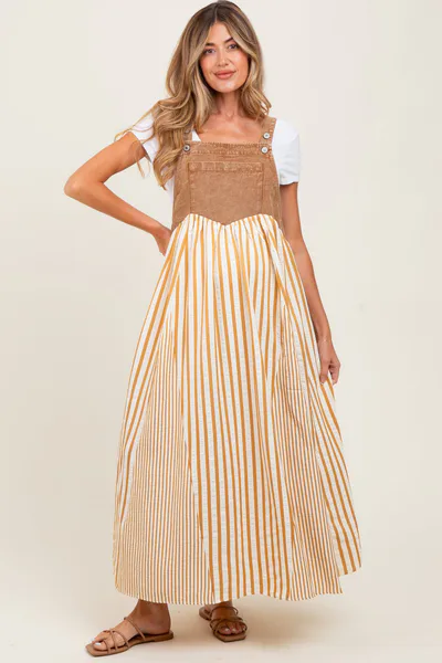PinkBlush Camel Striped Colorblock Denim Contrast Maternity Maxi Dress