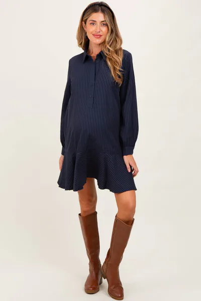 PinkBlush Navy Striped Long Sleeve Drop Waist Maternity Polo Dress