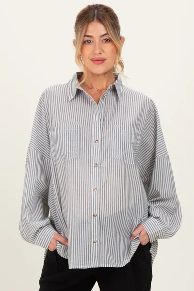 PinkBlush Black Oversized Striped Button-Up Maternity Shirt