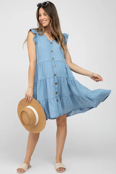 PinkBlush Light Blue Chambray Tiered Button Accent Maternity Dress
