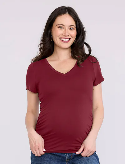 Motherhood Maternity Side Ruched Short Sleeve V-Neck  Maternity Tee
