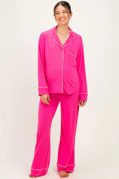 PinkBlush Fuchsia Button Down Top Wide Leg Pant Maternity Pajama Set