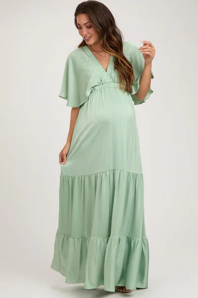 PinkBlush Mint V-Neck Flutter Sleeve Tiered Maternity Maxi Dress