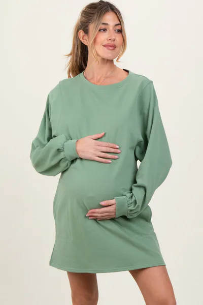 PinkBlush Light Olive Ultra Soft Maternity Sweatshirt Dress