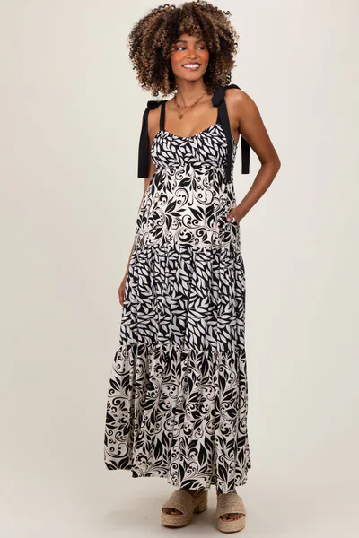 PinkBlush Black Leaf Print Smocked Shoulder Tie Tiered Maternity Maxi Dress