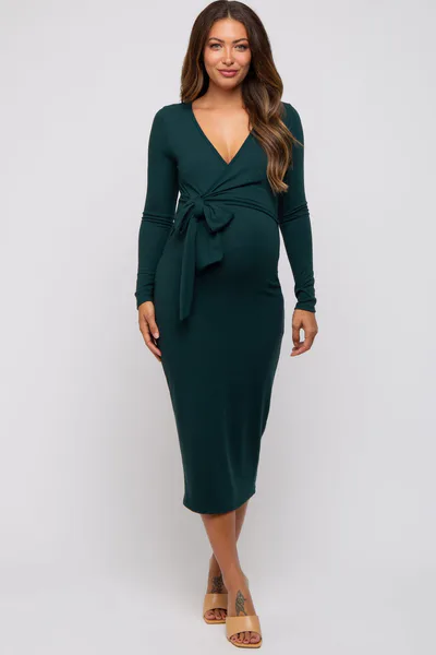 PinkBlush Forest Green Ribbed Long Sleeve Maternity Wrap Dress
