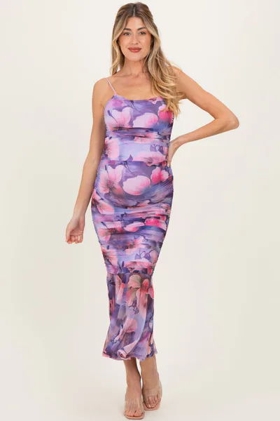 PinkBlush Purple Floral Ruched Fitted Maternity Midi Dress