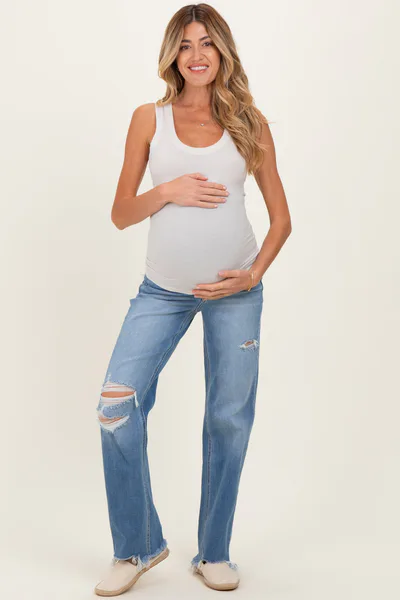 PinkBlush Blue Distressed Open Knee Frayed Hem Wide Leg Maternity Jeans
