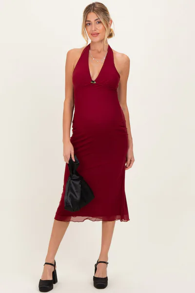 PinkBlush Red Mesh Pendant Halter Maternity Midi Dress