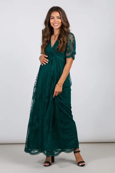 PinkBlush Forest Green Lace Mesh Overlay Maternity Maxi Dress