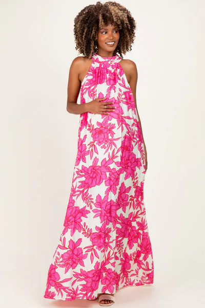 PinkBlush Pink Floral Halter Maternity Maxi Dress