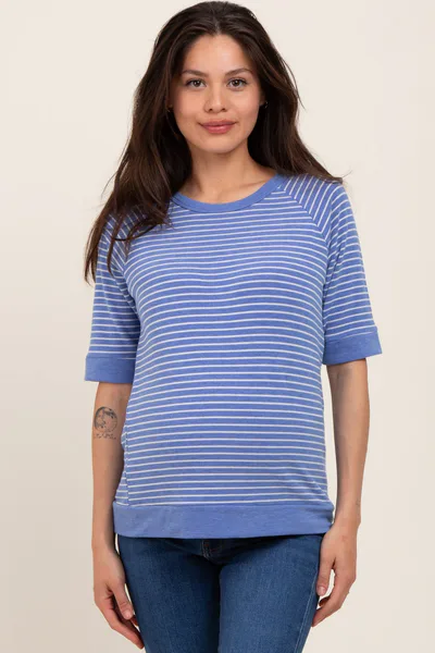 PinkBlush Blue Terry Striped Raglan Sleeve Maternity Top