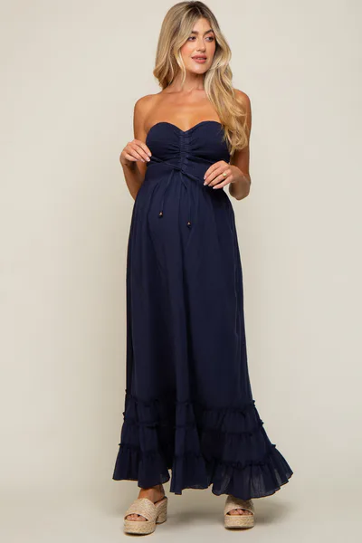 PinkBlush Navy Smocked Cutout Back Maternity Maxi Dress