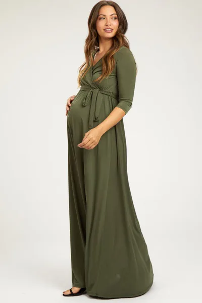 PinkBlush PinkBlush Olive Green Draped 3/4 Sleeve Maternity Maxi Dress