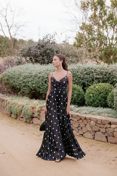 Petal & Pup Naira Pleated Maxi Dress - Black Polka Dot