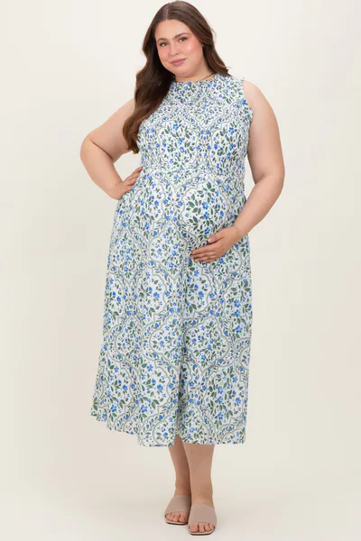 PinkBlush Blue Floral Smocked Sleeveless Maternity Plus Midi Dress