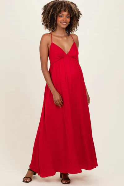 PinkBlush Red V-Neck Open Back Maternity Maxi Dress