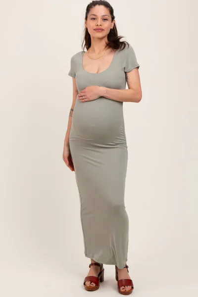PinkBlush Sage Double Layered Ribbed Scoop Neck Maternity Maxi Dress