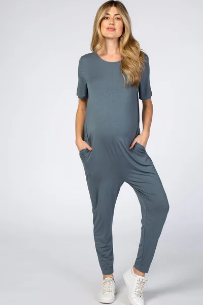 PinkBlush Dark Teal Basic Short Sleeve Maternity Jumpsuit