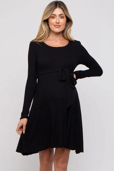 PinkBlush Black Soft Rib Knit Sash Tie Maternity Dress