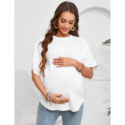 Target Coolmee Women's Maternity Shirts Casual Breathable Loose Textured Raglan Short Sleeve Shirt Crew Neck Spring Summer Pregnancy Tops M White