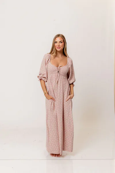 Worth Collective Cecilia 100% Cotton Smocked Maxi Dress in Rose Foliage - Bump Friendly