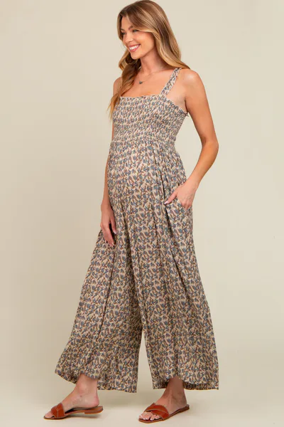 PinkBlush Taupe Printed Smocked Wide Leg Maternity Jumpsuit