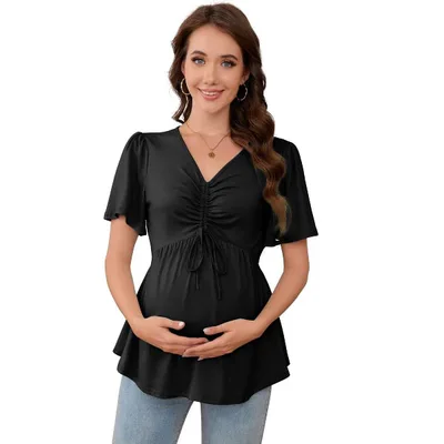 Target Women's Maternity Shirts Summer Short Sleeve Pregnancy Tops V Neck Drawstring T-Shirts Casual Blouses Pregnancy Clothes Black M