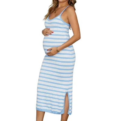 Target INSPIRE CHIC Women's Maternity Dress Bodycon Striped Long Midi Sleeveless Cami Knit Casual Fitted Pregnancy Dresses Medium Blue