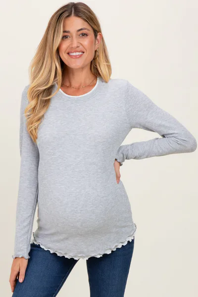 PinkBlush Heather Grey/White Ribbed Long Sleeve Maternity Twofer Top