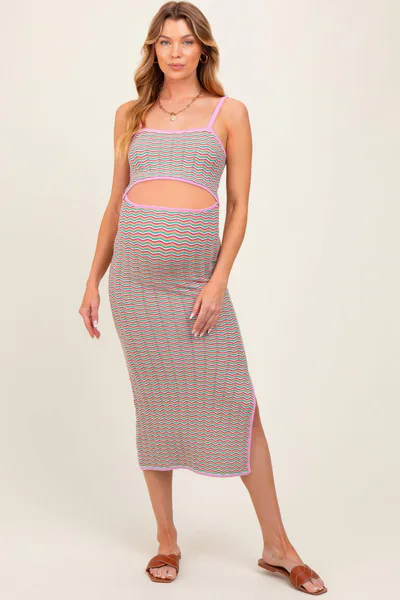 PinkBlush Pink Chevron Knit Cutout Fitted Maternity Midi Dress