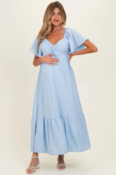 PinkBlush Light Blue Flutter Sleeve Ruffle Hem Maternity Maxi Dress