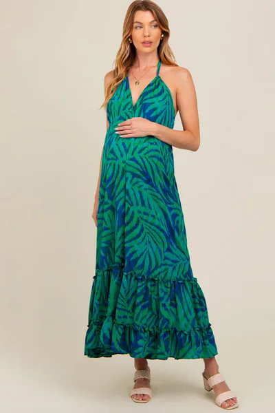 PinkBlush Green Leaf Print Halter Maternity Maxi Dress