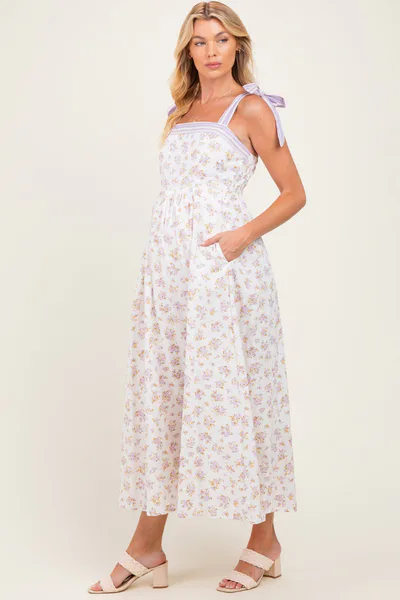 PinkBlush Lavender Floral Striped Shoulder Tie Maternity Maxi Dress