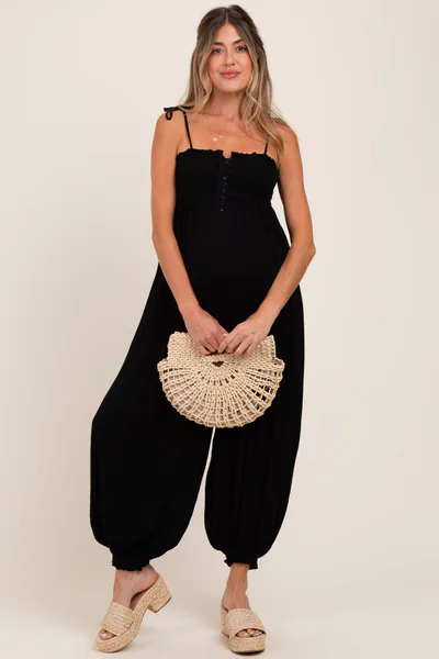 PinkBlush Black Smocked Button Front Shoulder Tie Maternity Jumpsuit