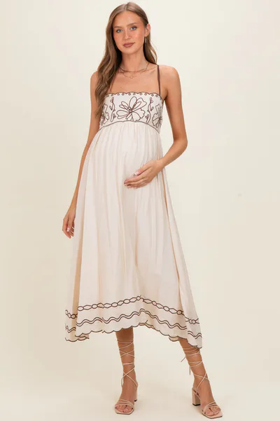 PinkBlush Brown Floral Embroidery Scalloped Midi Dress