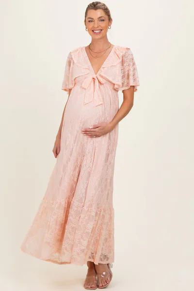 PinkBlush Peach Lace Flutter Sleeve Tiered Maternity Maxi Dress