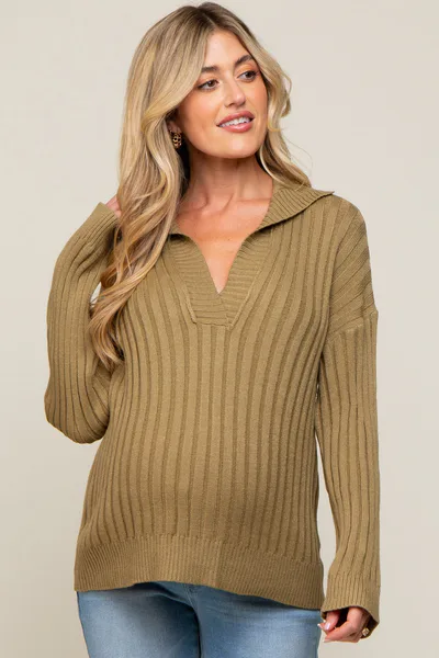 PinkBlush Olive Ribbed Knit Collared Long Sleeve Top