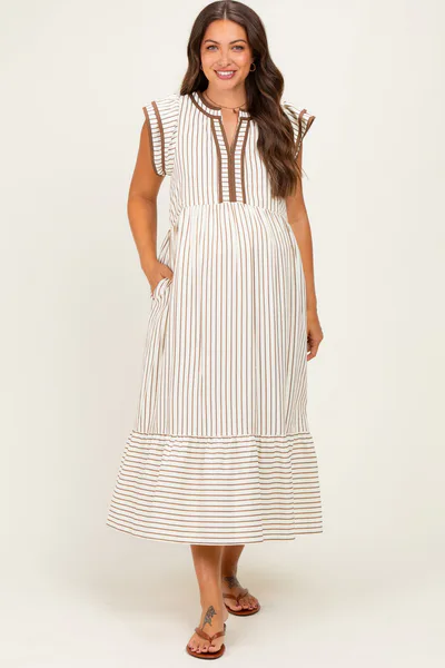 PinkBlush Cocoa Striped Flutter Sleeve Maternity Midi Dress