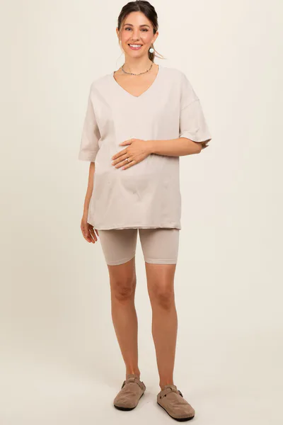 PinkBlush Beige Oversized V-Neck Biker Short Maternity Set
