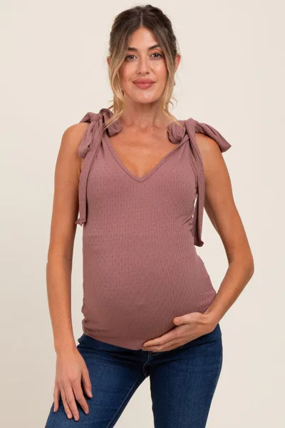 PinkBlush Mauve Solid Ribbed Sleeveless Tie V-Neck Maternity Top