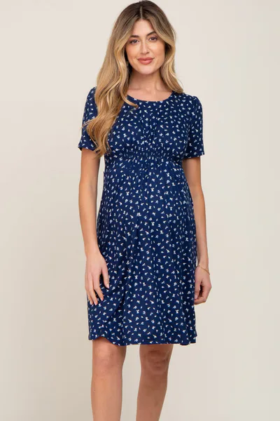PinkBlush Navy Floral Smocked Short Sleeve Maternity Dress