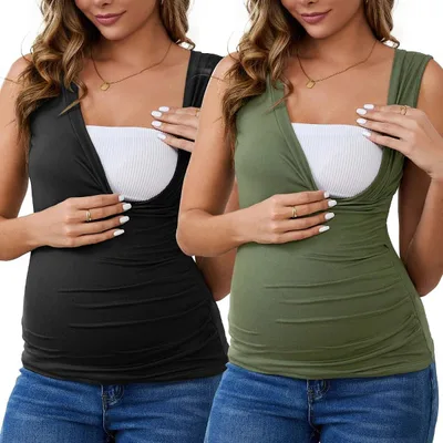 Target INSPIRE CHIC Women's 2 Pcs Crossover Ruched Maternity Sleeveless Basic Shirt Tank Nursing Tops X-Large Black&Green