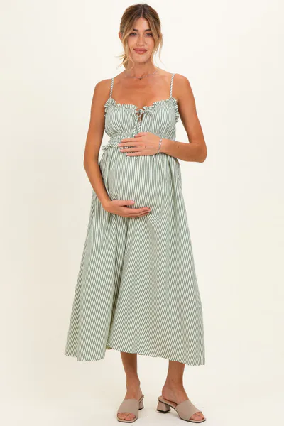 PinkBlush Olive Striped Front Tie Cutout Ruffle Maternity Midi Dress
