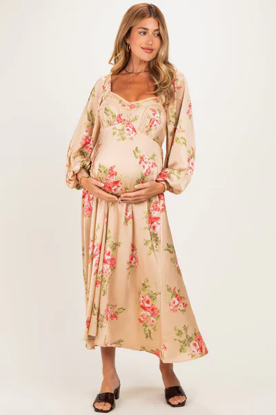 PinkBlush Champagne Floral Button Detail Maternity Midi Dress